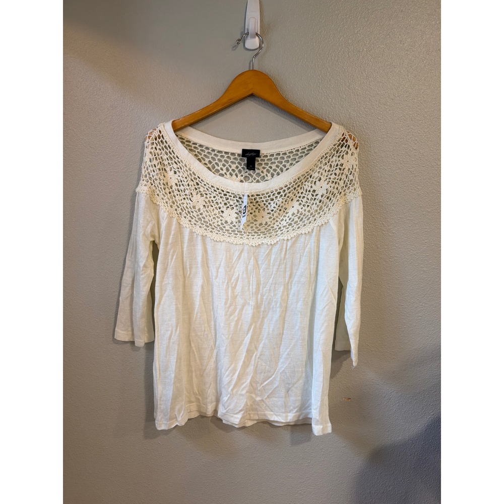 Daytrip Crochet Yoke Knit Top Women Medium Cream 1/2 Sleeve NWT‎ Boho